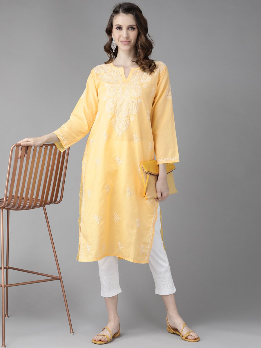 ADA Women Yellow & White Cotton Sustainable Hand Embroidered Chikankari Kurta & Trousers | Swadesiicart
