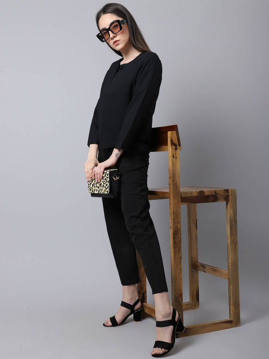 Even Apparels Black Polywool Open Front Statement Women's Jacket | Swadesiicart