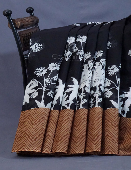 Black And Chikoo Colour Block Print Pure Mulmul Cotton Saree By Gayathri Reddy Designer Studio | Swadesiicart
