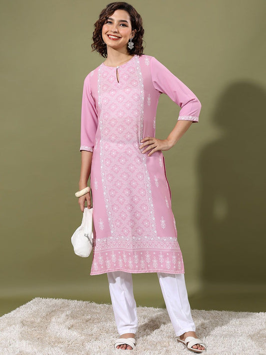 Vishudh Pink Floral Printed Keyhole Neck Straight Kurta - Swadesiicart