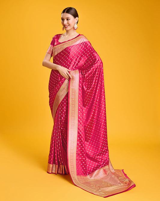 Monjolika Fashion Hot Pink Color Banarasi Satin Rich Brocade Embellishments Zari Woven Work Silk Saree | Swadesiicart