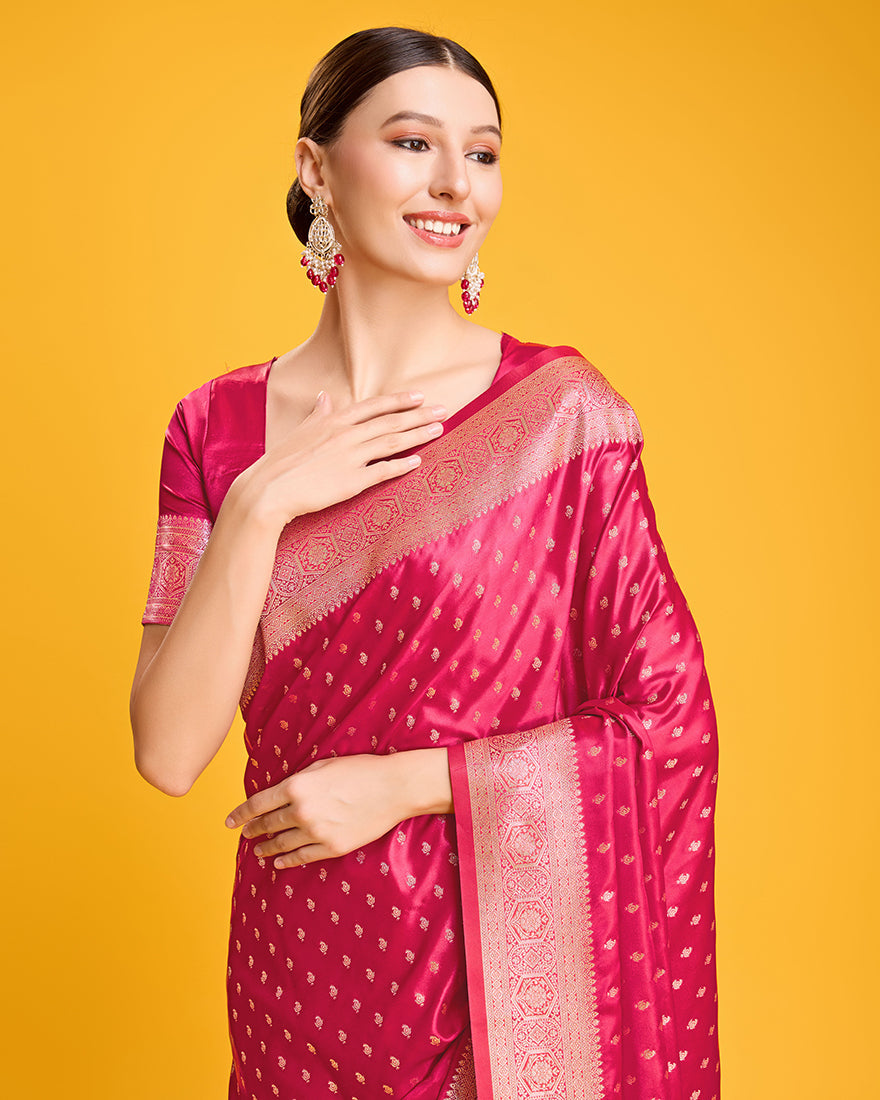 Monjolika Fashion Hot Pink Color Banarasi Satin Rich Brocade Embellishments Zari Woven Work Silk Saree | Swadesiicart