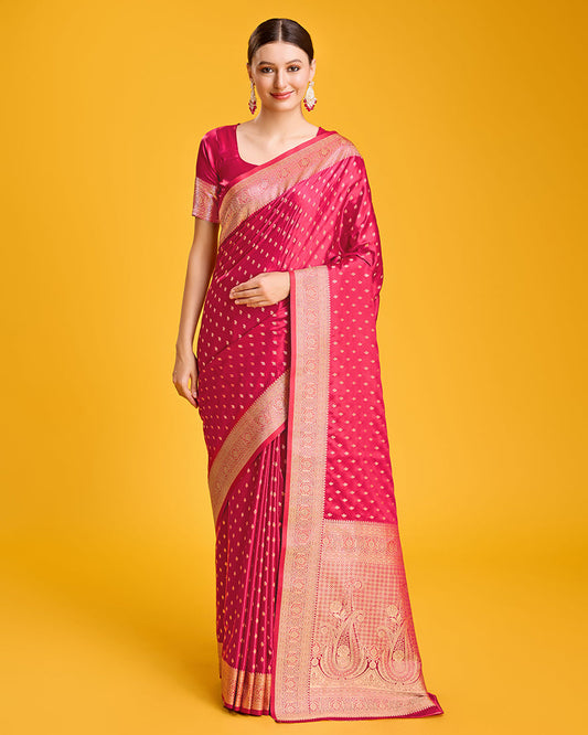 Monjolika Fashion Hot Pink Color Banarasi Satin Rich Brocade Embellishments Zari Woven Work Silk Saree | Swadesiicart