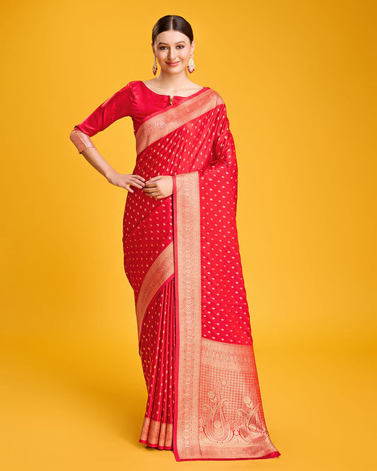 Monjolika Fashion Red Color Banarasi Satin Rich Brocade Embellishments Zari Woven Work Silk Saree | Swadesiicart