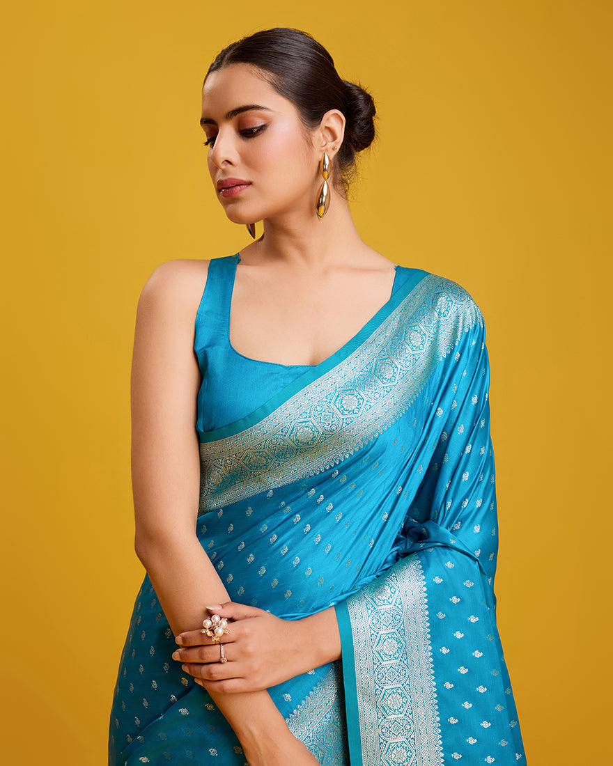 Monjolika Fashion Cyan Color Banarasi Zari Woven Work Enhanced Elegance Silk Saree | Swadesiicart