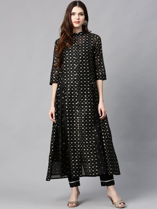 Juniper Womens Black Chanderi Foil Print Kurta - Swadesiicart