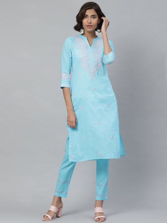 ADA Women Blue & Pink Chikankari Embroidered Sustainable Handloom Kurta with Trousers | Swadesiicart