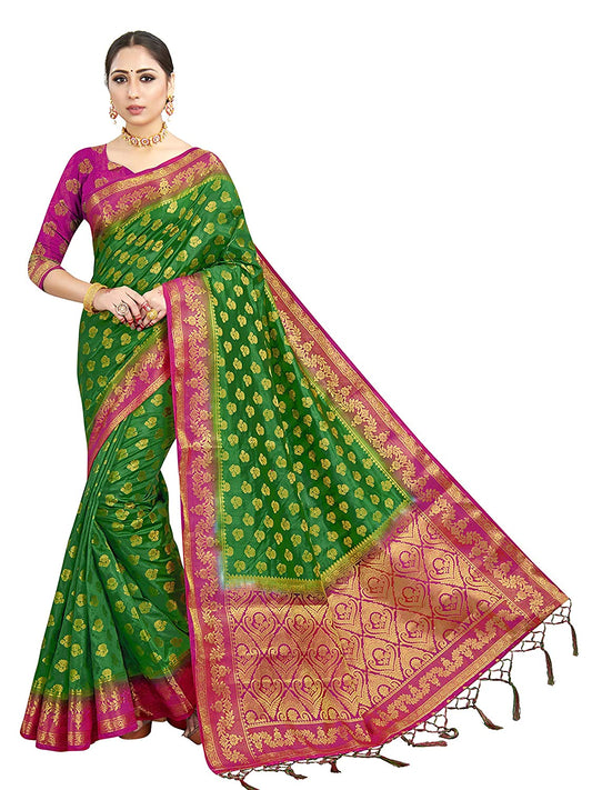 Vardha Women's Green Woven Raw Silk Banarasi Saree | Swadesiicart