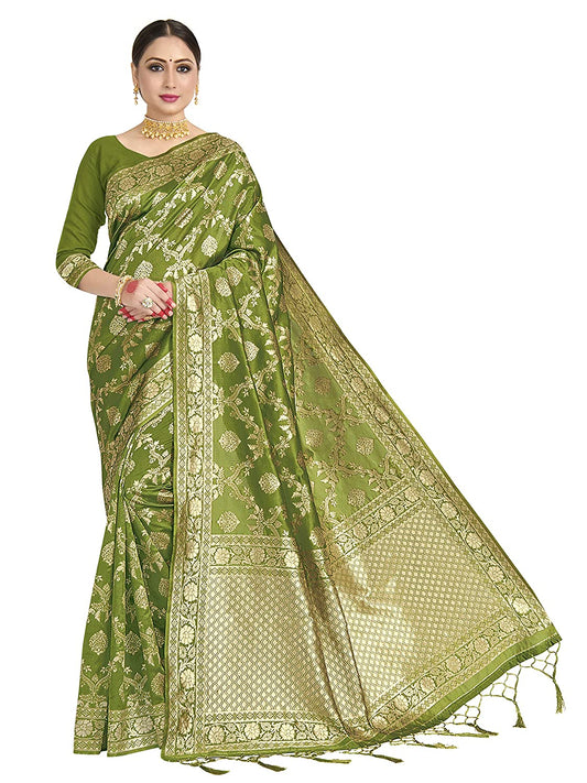 Vardha Women's Olive Green Banarasi Art Silk Saree | Swadesiicart