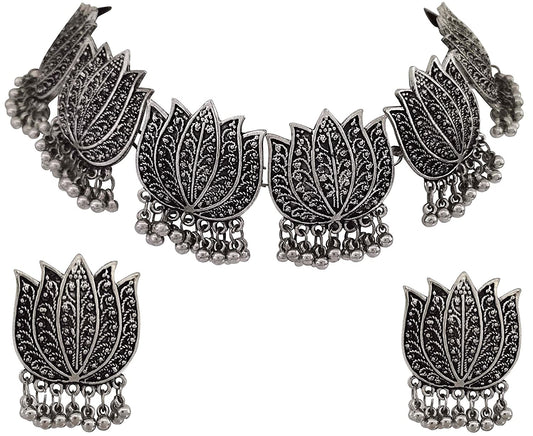 Silver-Plated Alloy Oxidised Lotus Petals Necklace - The Pari