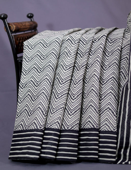 Cream And Black Colour Combo With Waves Print Pure Mulmul Cotton Saree By Gayathri Reddy Designer Studio | Swadesiicart