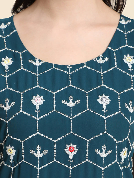 Kalini Women Teal Floral Embroidered Kurta with Sharara & Dupatta | Swadesiicart