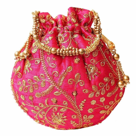 Ethnic Clutch Silk Potli Batwa Pouch Bag with Metal Bead work Gift - Swadesiicart