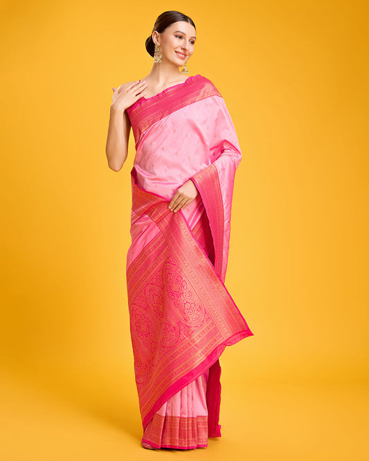 Monjolika Fashion Elegant Light Pink Banarasi With Intricate Zari Work With Rich Brocade Patterns Silk Saree | Swadesiicart