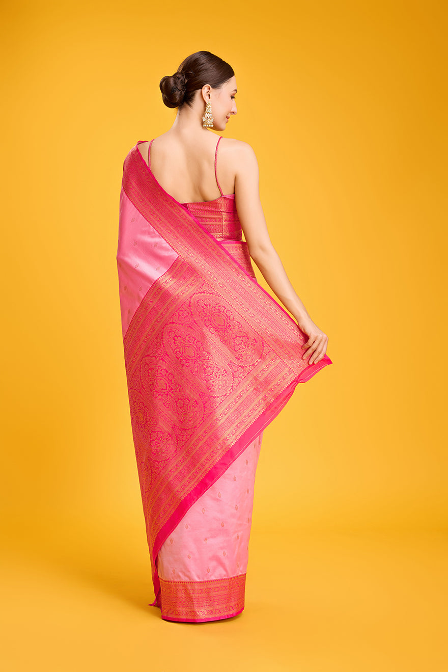 Monjolika Fashion Elegant Light Pink Banarasi With Intricate Zari Work With Rich Brocade Patterns Silk Saree | Swadesiicart