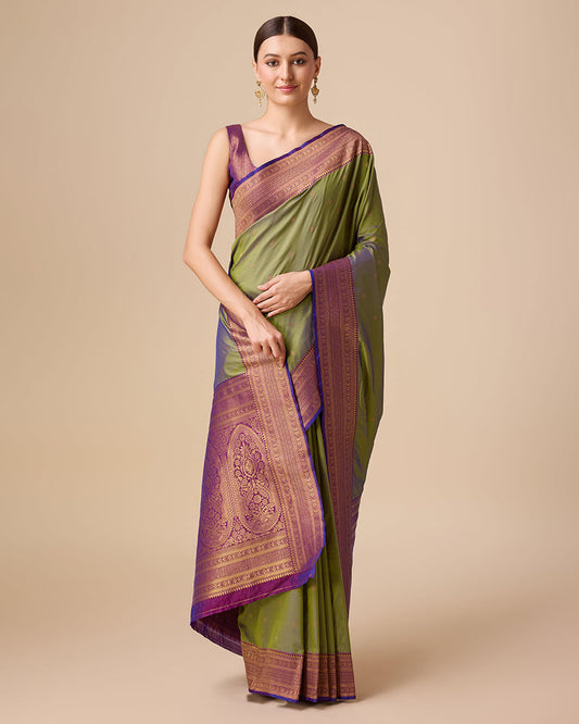 Monjolika Fashion Elegant Olive Green Banarasi With Intricate Zari Work With Rich Brocade Patterns Silk Saree | Swadesiicart
