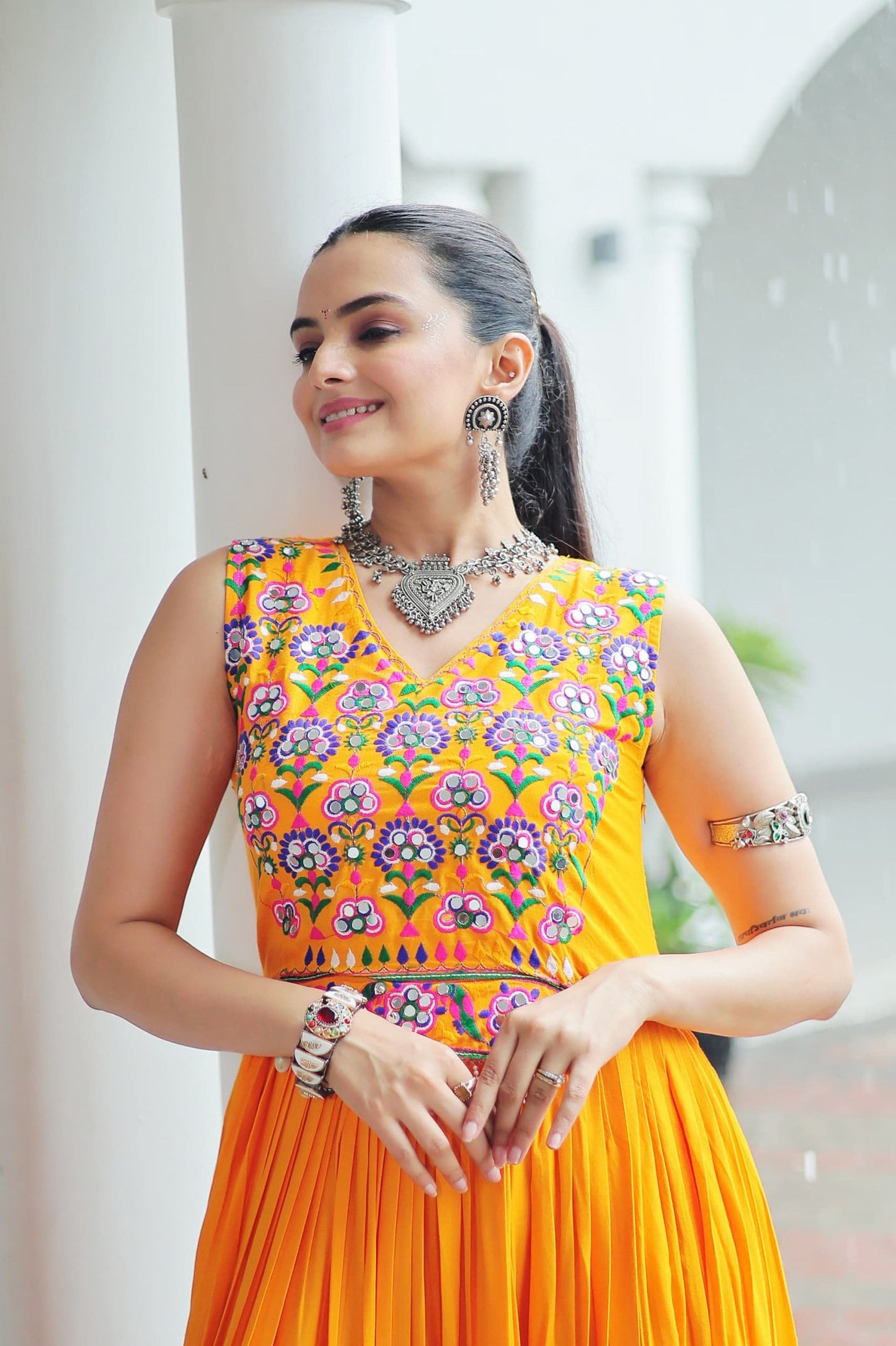 Lorenvalley Fashion Yellow Rayon Kutchi Gamthi Thread Embroidered & mirror Work Gown | Swadesiicart