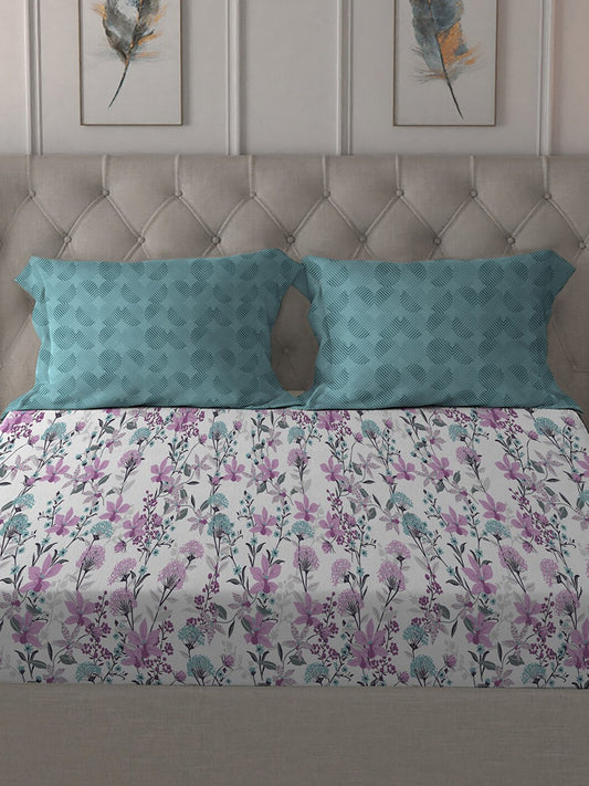 MYTRIDENT Violet White Floral Cotton 144 TC Queen Bedsheet With 2 Pillow Covers - Swadesiicart