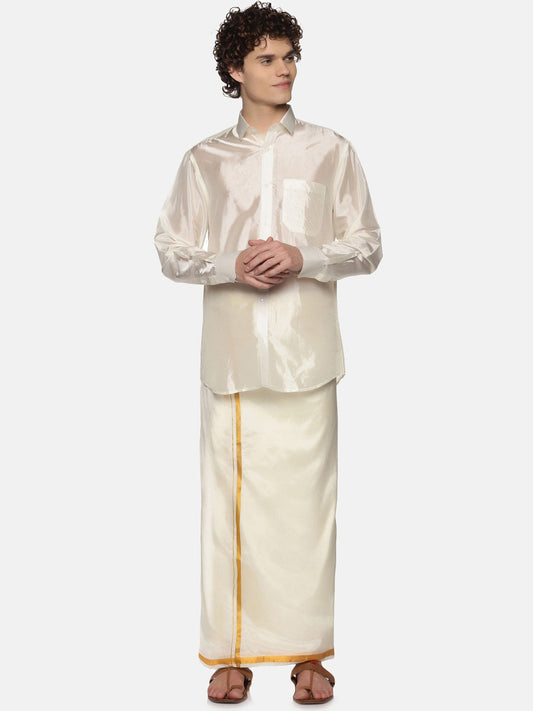 Sethukrishna Men Cream-Coloured Solid Art Silk Dhoti | Swadesiicart