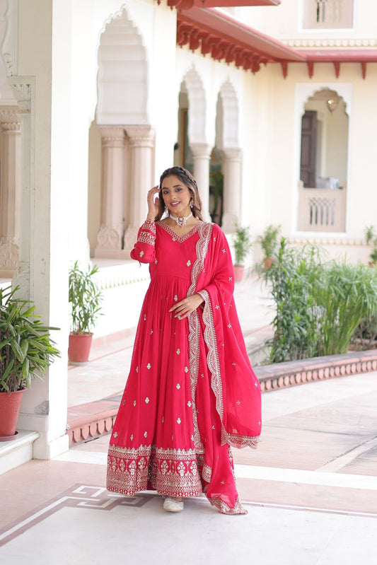 Lorenvalley Fashion Pink Vichitra Silk with Rich Sequins & Zari Embroidered work Anarkali Gown with Dupatta | Swadesiicart