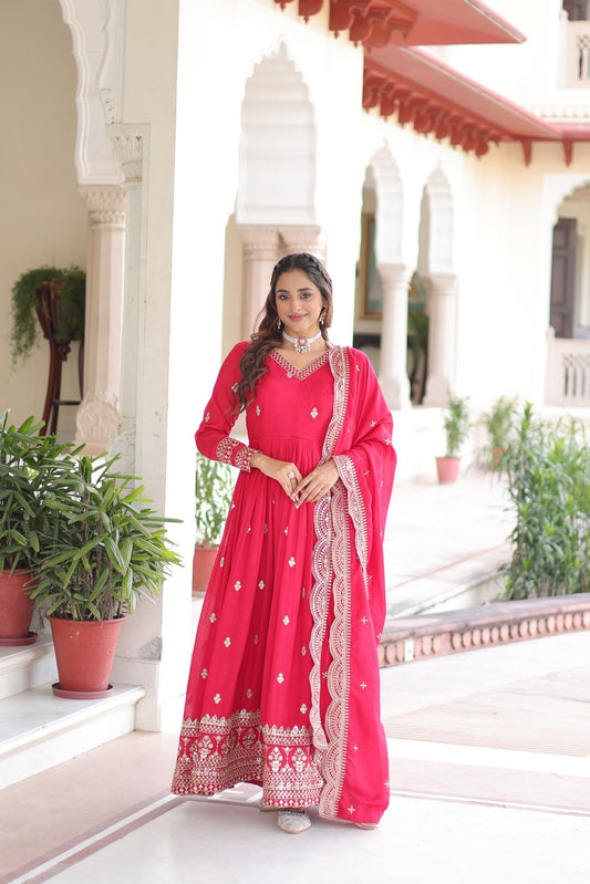 Lorenvalley Fashion Pink Vichitra Silk with Rich Sequins & Zari Embroidered work Anarkali Gown with Dupatta