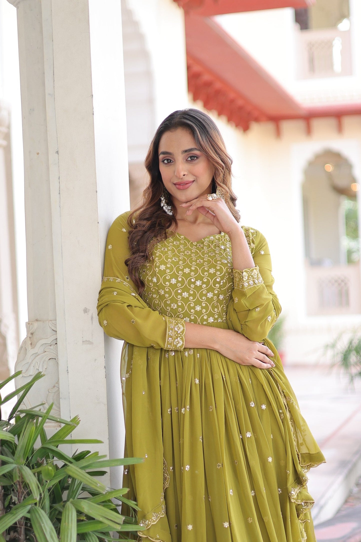 Lorenvalley Fashion Mehendi Faux Georgette with Rich Sequins & Zari Embroidered work Anarkali Gown with Dupatta | Swadesiicart