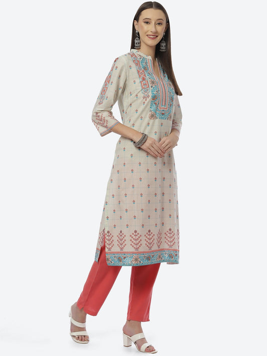 Biba Women Beige Ethnic Printed Regular Kurta - Swadesiicart
