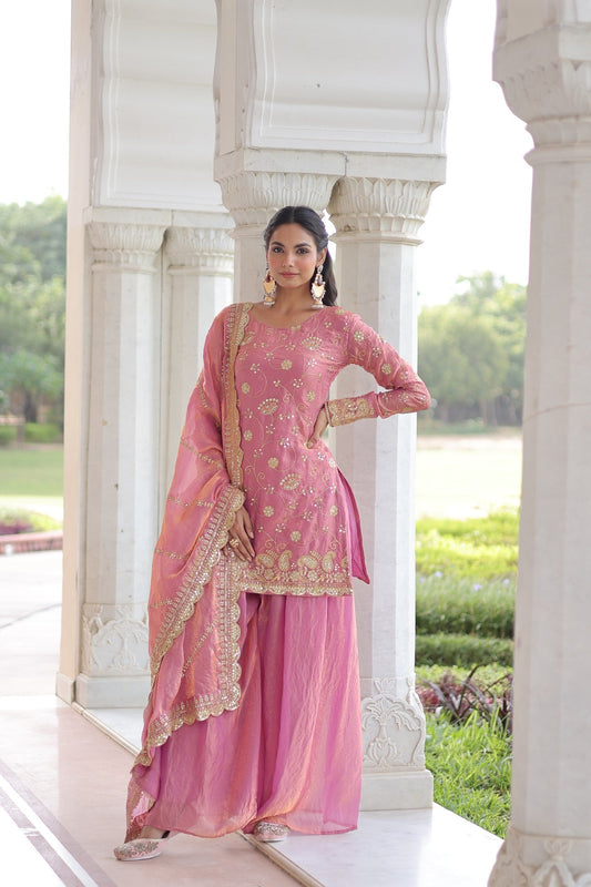 Lorenvalley Fashion Pink Fendy Satin with Rich Sequins Embroidered work Kurta Pant with Dupatta - Swadesiicart