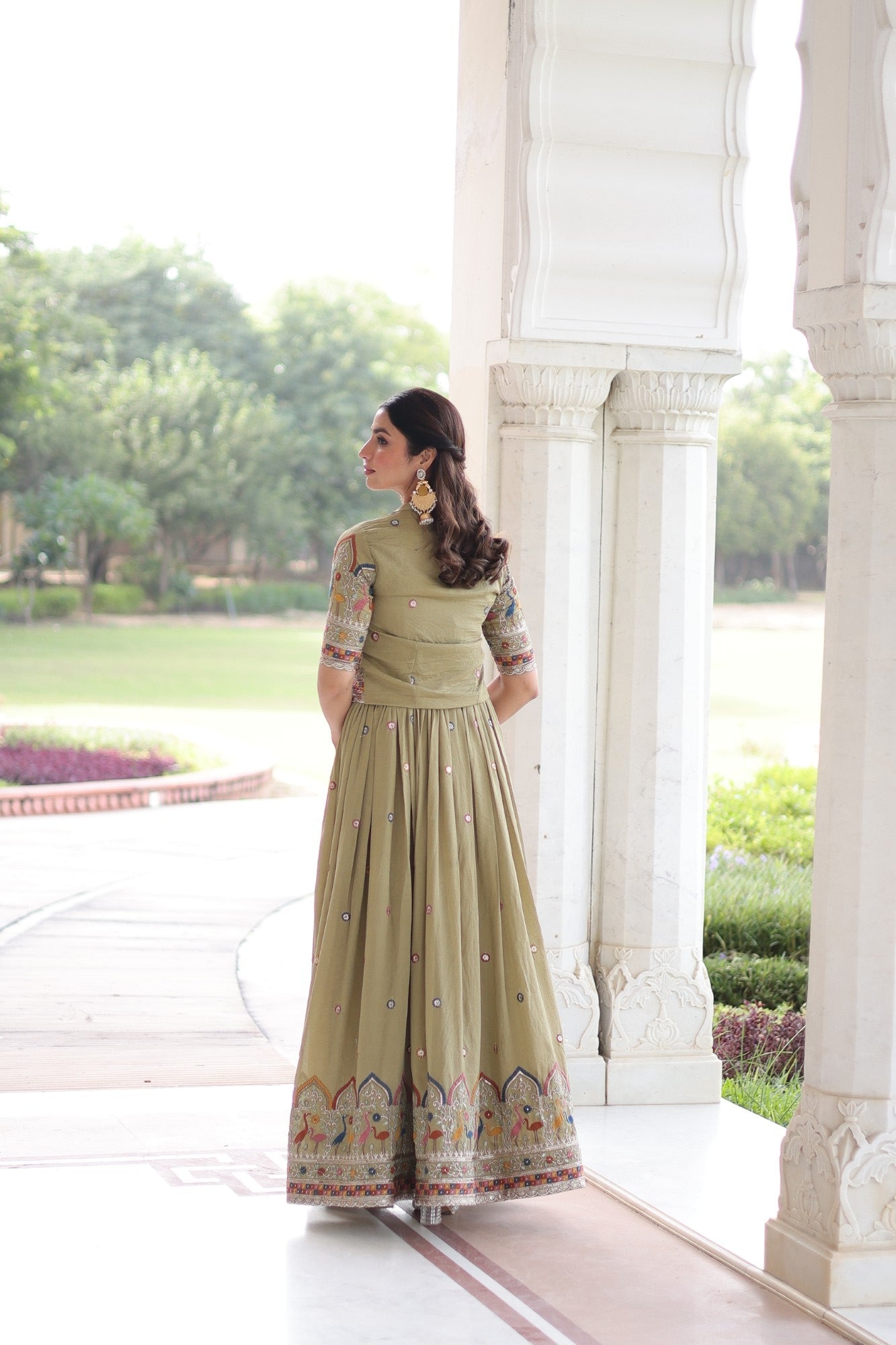 Lorenvalley Fashion Pista Vichitra Silk with Sequins, Zari & Thread Embroidered work Gown with Koti - Swadesiicart
