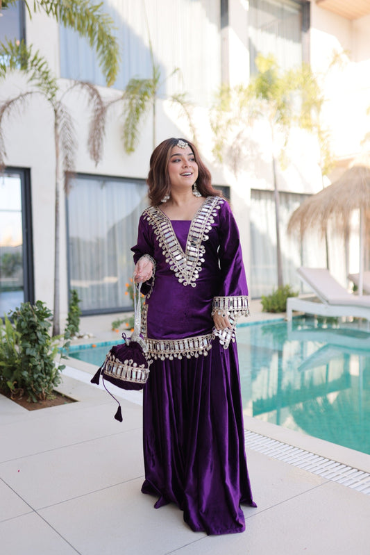 Lorenvalley Fashion Purple Velvet with Rich Zari Embroidered & Real Mirror work Kurta Palazzo with Dupatta - Swadesiicart