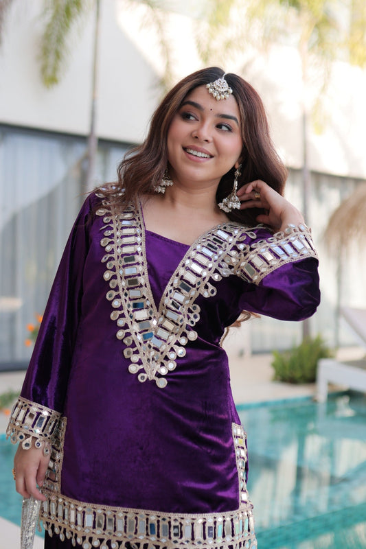 Lorenvalley Fashion Purple Velvet with Rich Zari Embroidered & Real Mirror work Kurta Palazzo with Dupatta