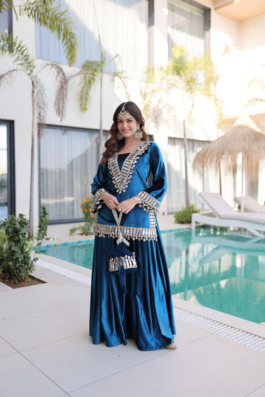 Lorenvalley Fashion Rama Velvet with Rich Zari Embroidered & Real Mirror work Kurta Palazzo with Dupatta