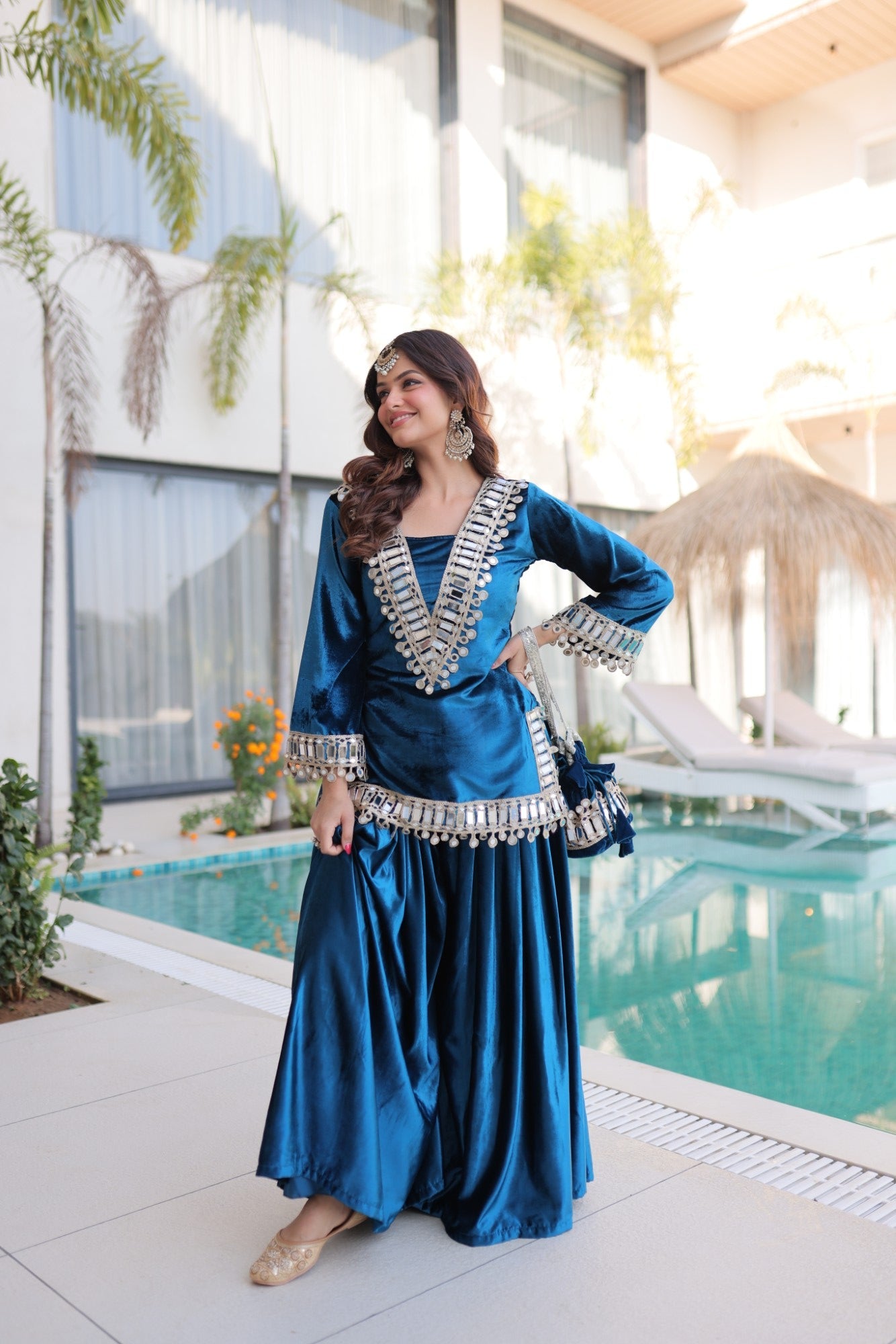 Lorenvalley Fashion Rama Velvet with Rich Zari Embroidered & Real Mirror work Kurta Palazzo with Dupatta - Swadesiicart