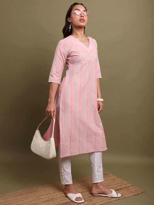 Vishudh Striped V-Neck Cotton Kurta - Swadesiicart