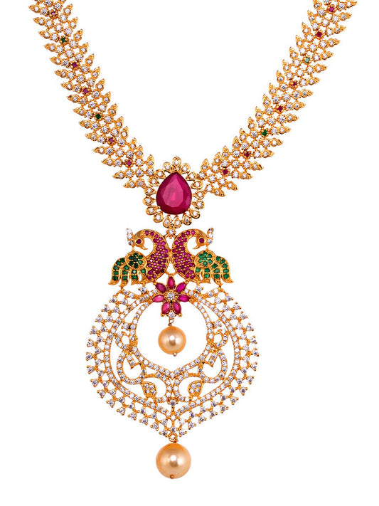 Saraf RS Jewellery Gold-Polished Green & Pink American Diamond Studded & Beaded Handcrafted Jewellery Set - Swadesiicart
