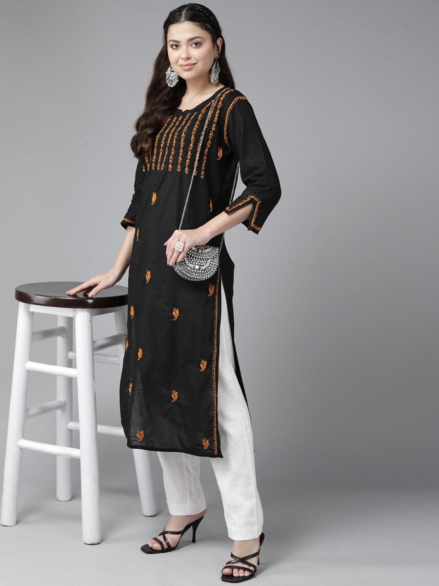 ADA Ethnic Motifs Embroidered Chikankari Cotton Straight Kurta | Swadesiicart