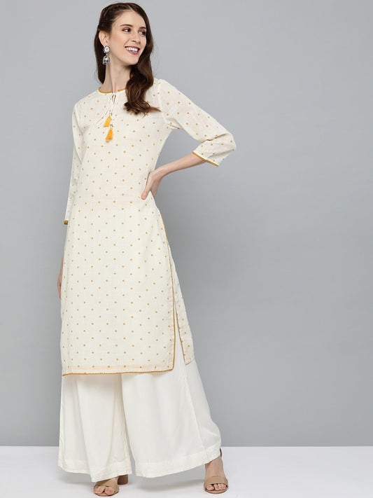 HERE&NOW Women Off-White & Mustard Yellow Geometric Printed Straight Kurta - Swadesiicart