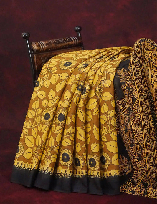 Mustard Yellow And Chikoo Coloured Block Print Handloom Mulmul Cotton Saree By Gayathri Reddy Designer Studio | Swadesiicart