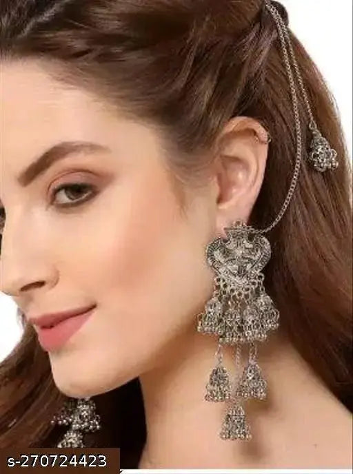 Tehzeeb Creations Women's Silver Colour Oxidised Earring With Hair Chain | Swadesiicart
