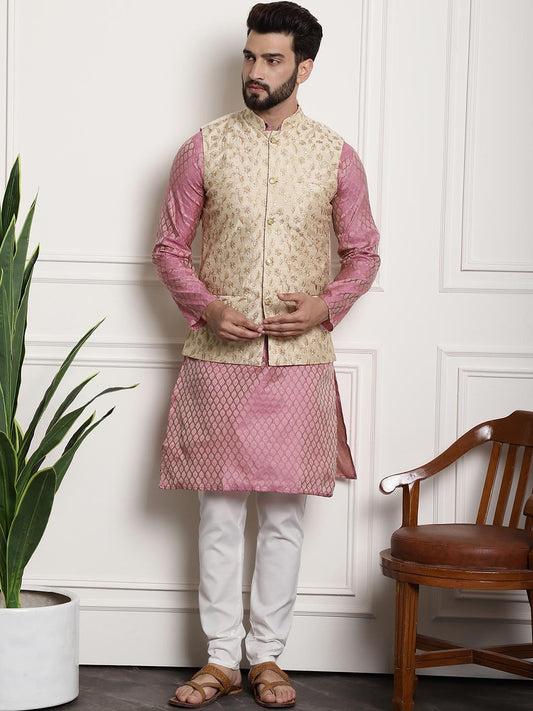 Sojanya Men Pink Ethnic Motifs Kurta with Pyjamas & Nehru Jacket | Swadesiicart