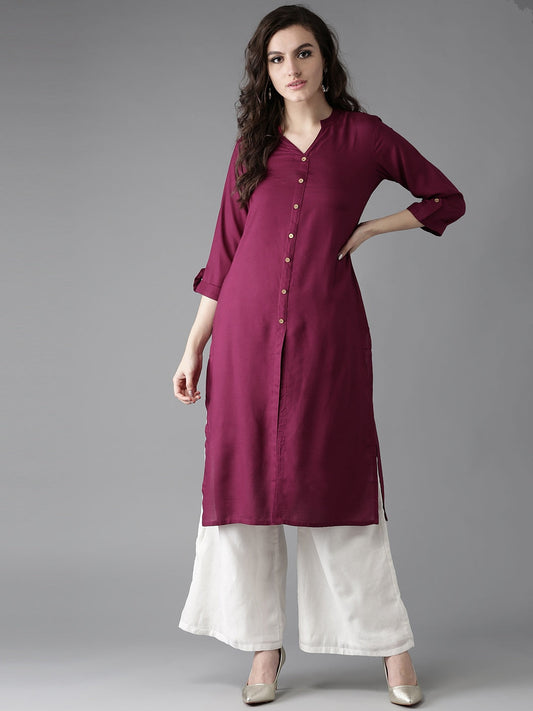 HERE&NOW Women Burgundy Solid Straight Kurta - Swadesiicart