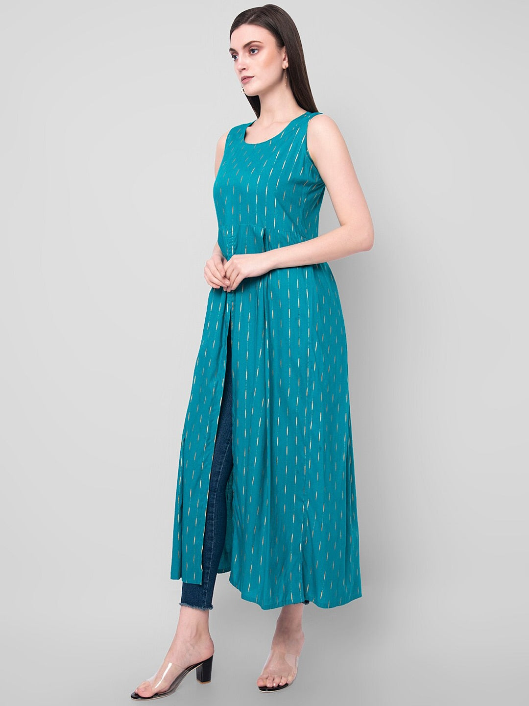 Kalini Women Turquoise Blue Ethnic Motifs High-Slit Kurta - Swadesiicart