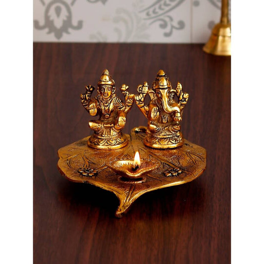 eCraftIndia Antique Gold-Toned Metal Handcrafted Laxmi Ganesh With Diya On Leaf | Swadesiicart