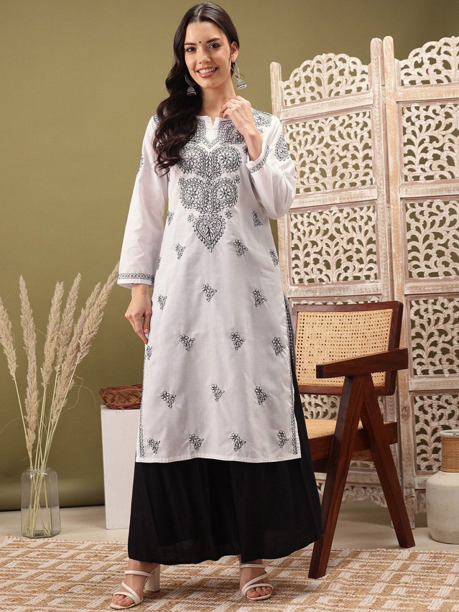 ADA Ethnic Motifs Embroidered Notch Neck Cotton Chikankari Straight Kurta | Swadesiicart