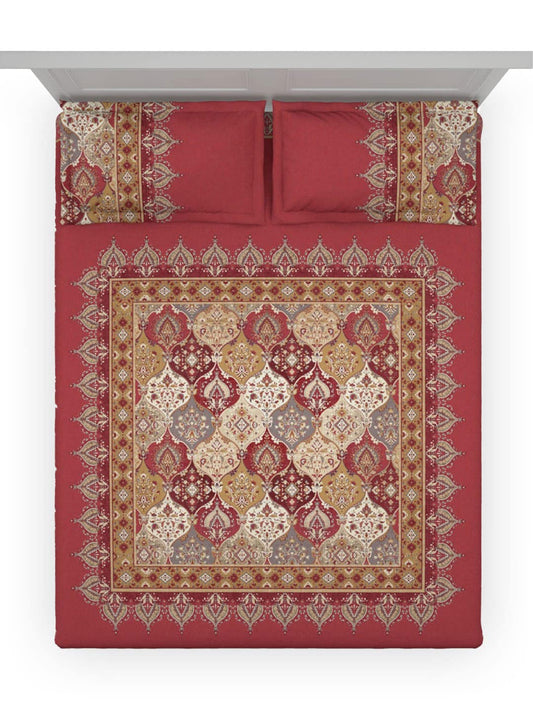 DDecor Red & White Ethnic Motifs Cotton 140 TC King Bedsheet with 2 Pillow Covers - Swadesiicart