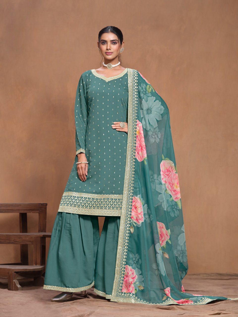 Anaita Teal Embroidered Roman Silk Sharara Suit