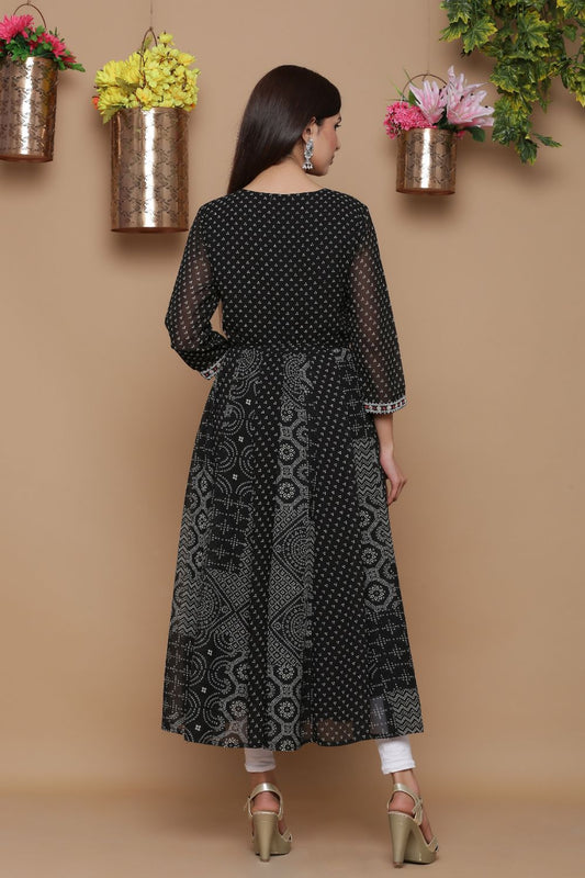 Juniper Womens Black Georgette Bandhani Print Kurta | Swadesiicart