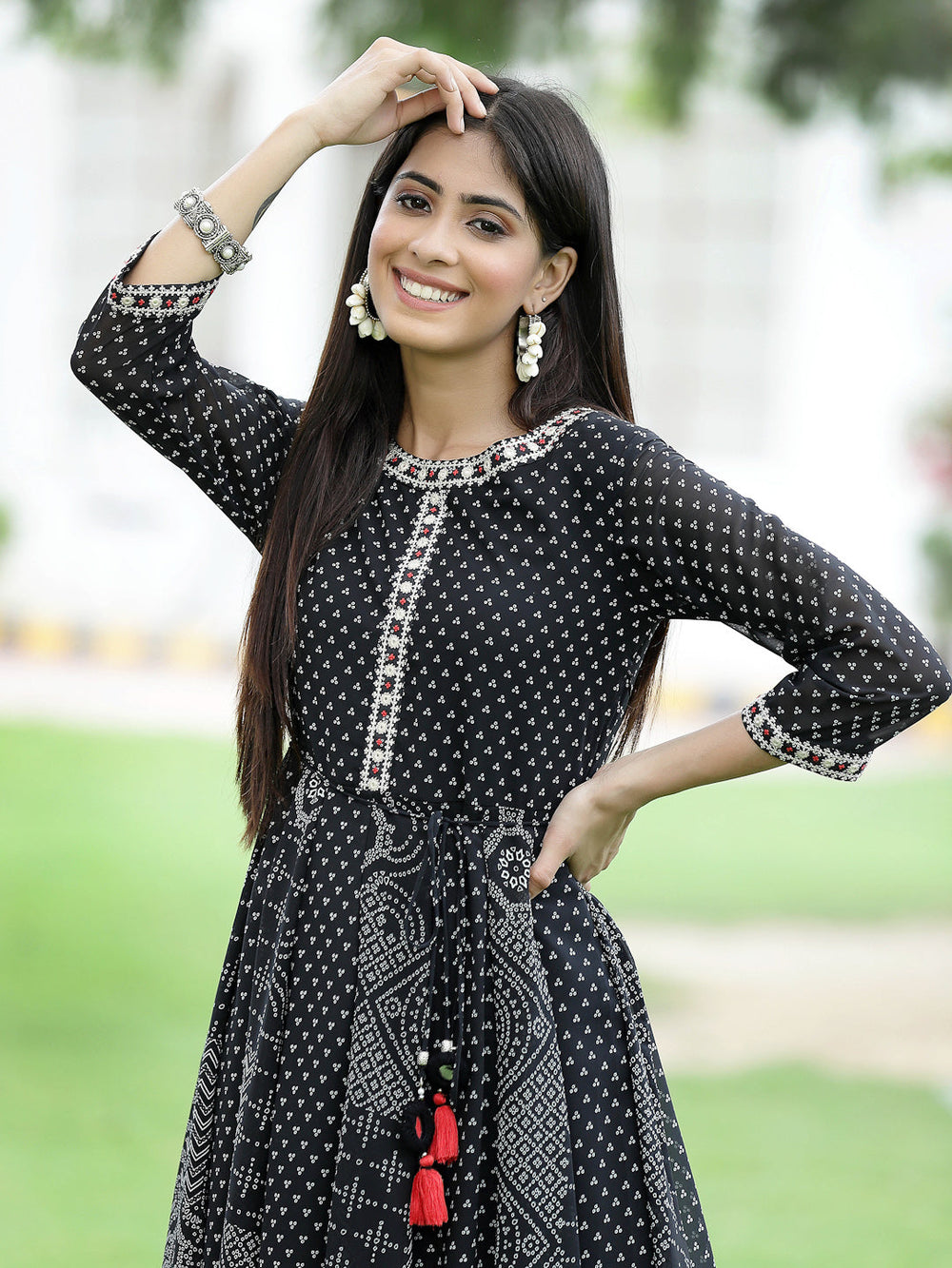 Juniper Women's Black Georgette Printed Anarkali Kurta | Swadesiicart