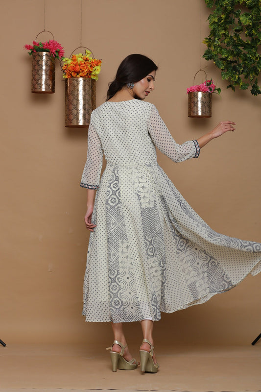 Juniper Womens Ivory Georgette Bandhani Print Kurta - Swadesiicart