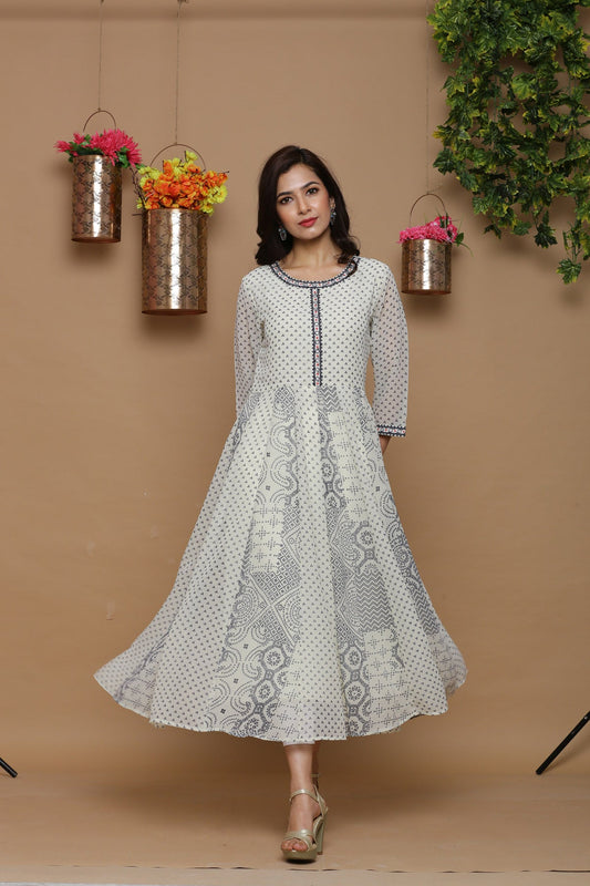 Juniper Womens Ivory Georgette Bandhani Print Kurta - Swadesiicart
